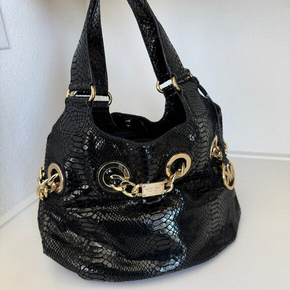 MICHAEL Michael Kors Snakeskin Patent Leather Shoulder Bag Black Gold Chain Glam - Picture 14 of 14